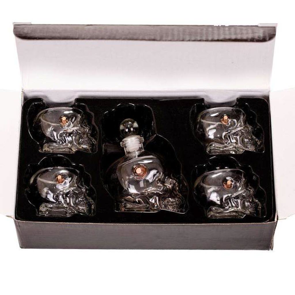 Shots Fired by Lucky Shot USA .50 Cal BMG Skull Whisky Set - Decanter met 4x .308/7.62 Whiskyglazen in vorm van Doodshoofd