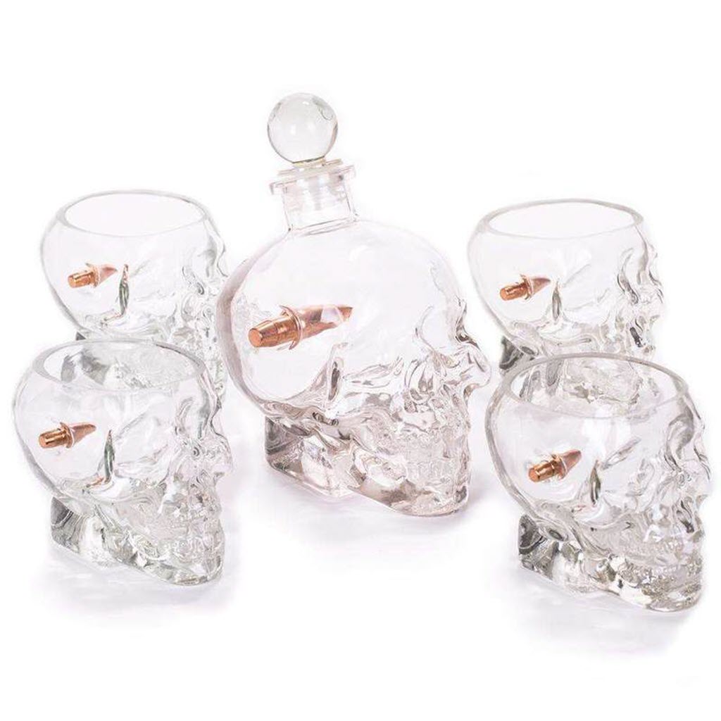 Shots Fired by Lucky Shot USA .50 Cal BMG Skull Whisky Set - Decanter met 4x .308/7.62 Whiskyglazen in vorm van Doodshoofd