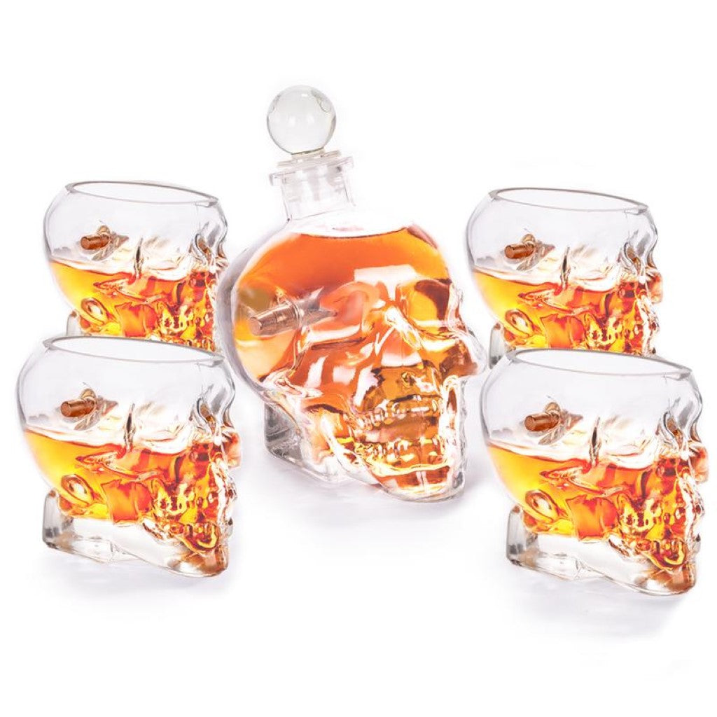 Shots Fired by Lucky Shot USA .50 Cal BMG Skull Whisky Set - Decanter met 4x .308/7.62 Whiskyglazen in vorm van Doodshoofd